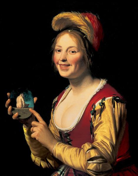 Gerard van Honthorst Smiling Girl, a Courtesan, Holding an Obscene oil painting image